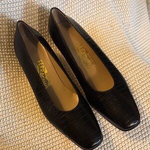 Salvatore Ferragamo Black-Brown Croc-Embossed Heels
